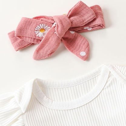 Geagodelia Baby Mädchen Kleidung Babykleidung Outfit Set Langarm Body Strampler + Gänseblümchen Hose + Stirnband Neugeborene Weiche Babyset