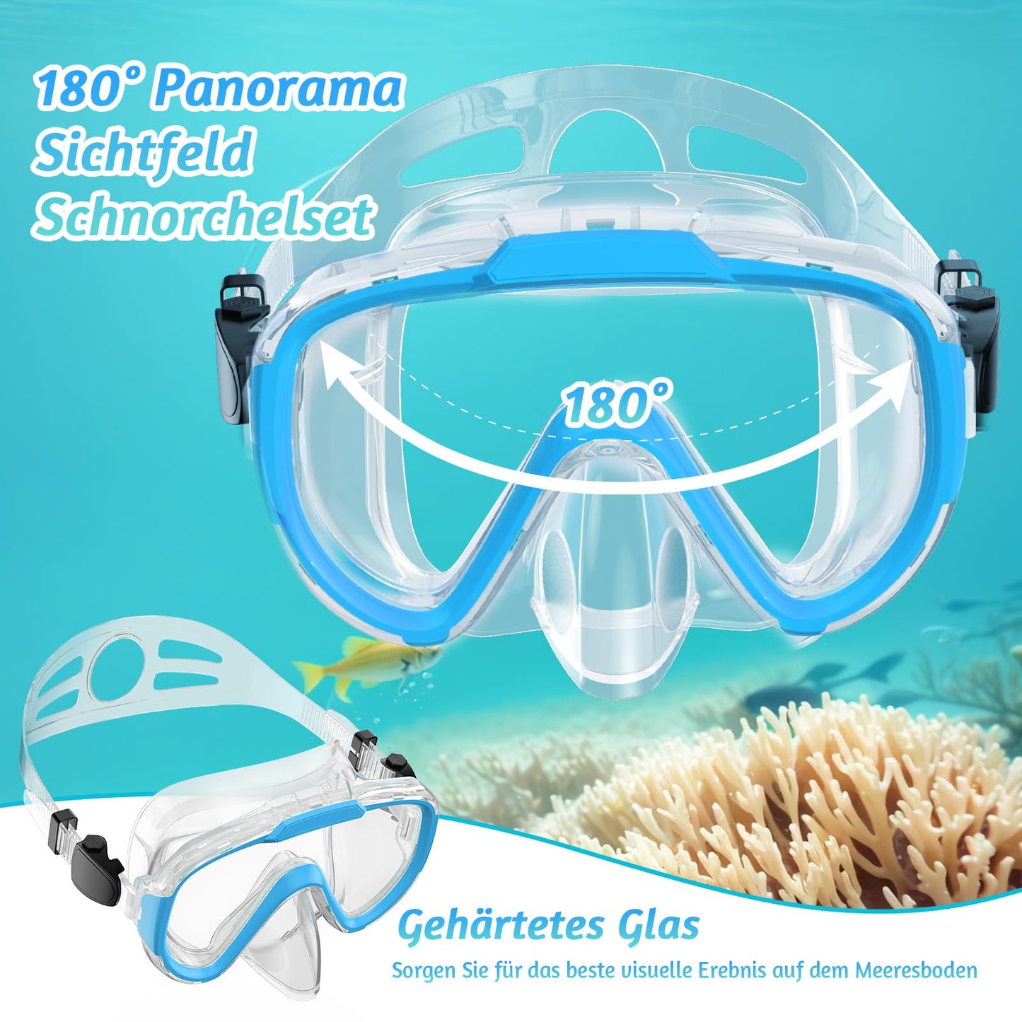 Lealinga Children's Snorkel Set with 180° Anti-Fog Panoramic Wide View Diving Mask and Dry Snorkel Snorkelling Set, Anti-Leak Snorkel Mask with Nose Protection for Boys and Girls