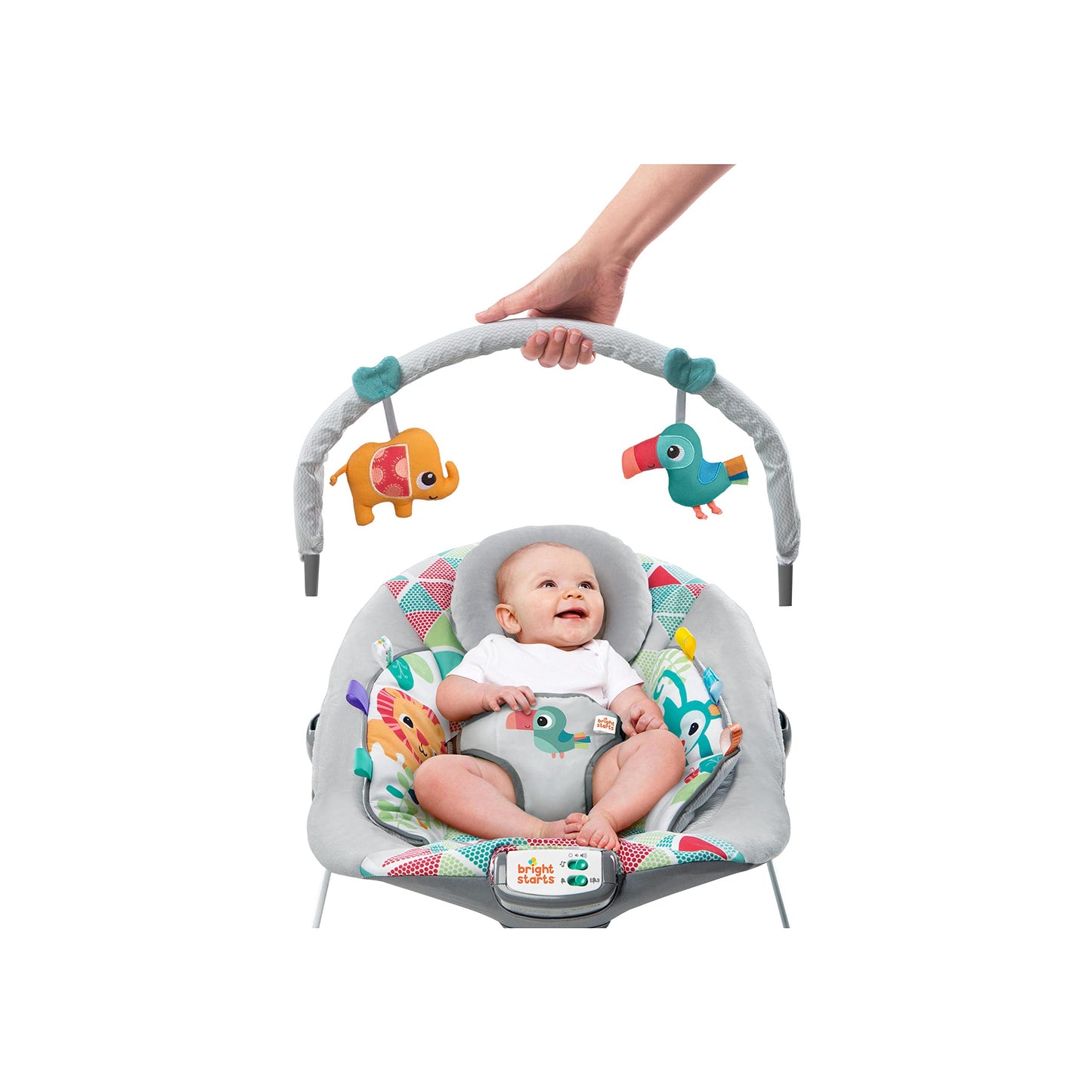 Bright Starts, Babywippe Babyschaukel Safari Fun mit Beruhigenden Vibrationen, Spielbogen mit 2 Spielzeugen, 3-Punkte-Gurt Sitz, Maschinenwaschbares Sitzpolster, ab der Geburt bis 9kg