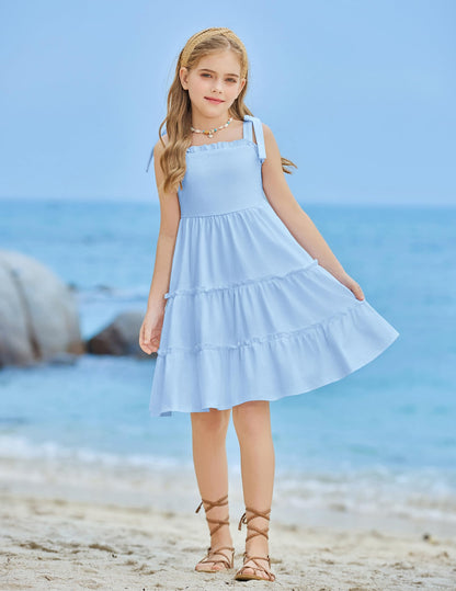 Arshiner Mädchen Kleider Fliege Trägerkleid Kinder Baumwolle Sommerkleid Ärmelloses A-Linie Swingkleid Schulterfrei Elegant Freizeitkleid für Mädchen 5-15 Jahre