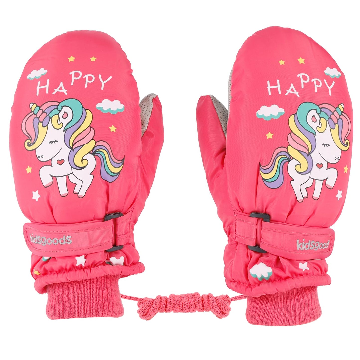 KAKU NANU Children's Winter Gloves 2-10 Years Ski Gloves Waterproof Warm Fleece Cartoon Children's Gloves Mittens with Cord Outdoor Snowboard Gloves Children Boys Girls Blue Red Pink Purple