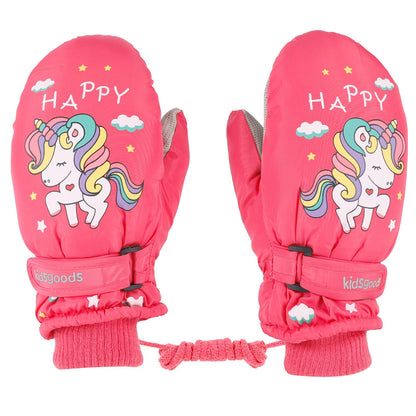 KAKU NANU Children's Winter Gloves 2-10 Years Ski Gloves Waterproof Warm Fleece Cartoon Children's Gloves Mittens with Cord Outdoor Snowboard Gloves Children Boys Girls Blue Red Pink Purple