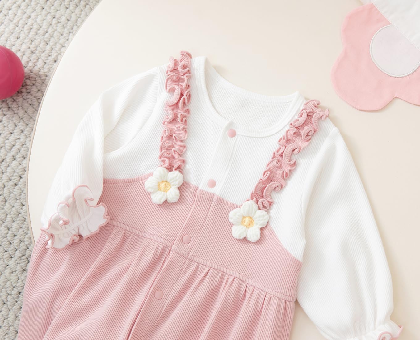gurcooc Newborn Baby Girl Romper Ribbed Long Sleeve Bodysuit Floral Ruffle Jumpsuit Onesie Outfit Set, 0-18 Months