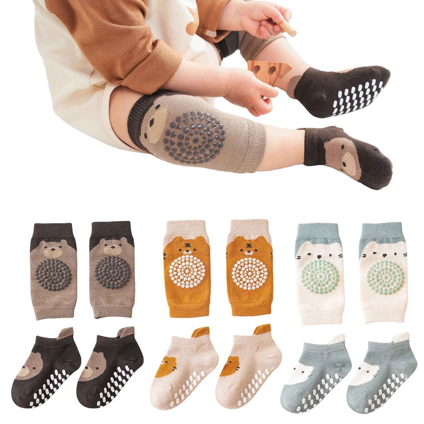 3 Paar Baby Knieschoner und 3 Paar Baby Socken Baby Krabbeln set, Anti Rutsch mit Gummipunkte Krabbelschoner Stulpen Knieschützer für Kleinkinder 0-12 Monate