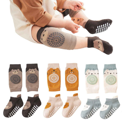 3 Paar Baby Knieschoner und 3 Paar Baby Socken Baby Krabbeln set, Anti Rutsch mit Gummipunkte Krabbelschoner Stulpen Knieschützer für Kleinkinder 0-12 Monate