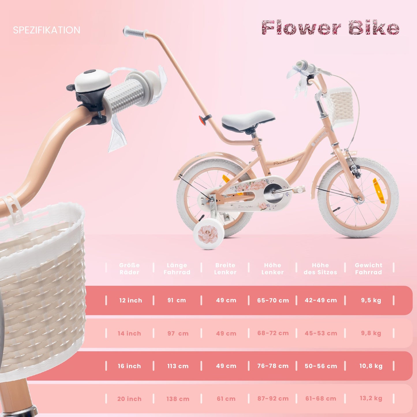 sun baby Mädchenfahrrad Flower Bike Radgröße zur Auswahl, mit Abnehmbarer Schubstange, Kinderfahrrad für Mädchen von 2 bis 6 Jahre