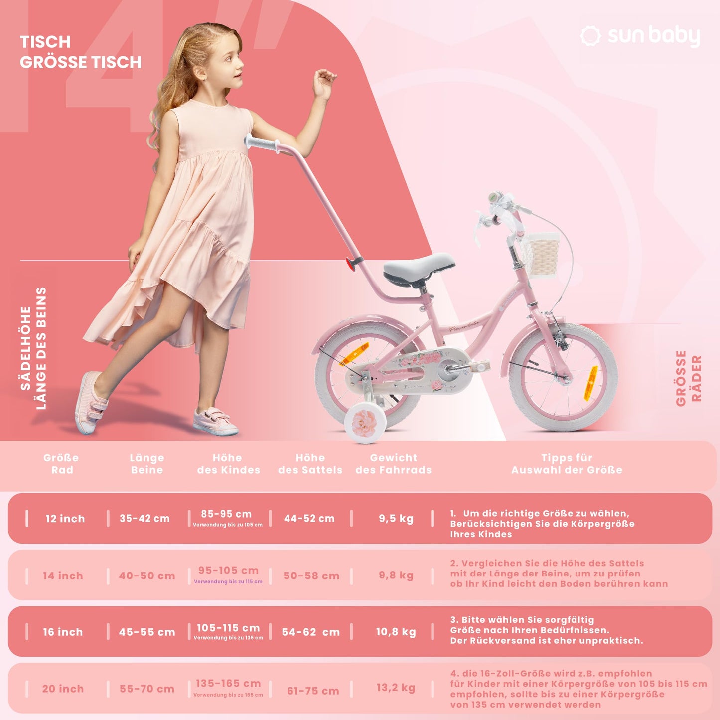 sun baby Mädchenfahrrad Flower Bike Radgröße zur Auswahl, mit Abnehmbarer Schubstange, Kinderfahrrad für Mädchen von 2 bis 6 Jahre