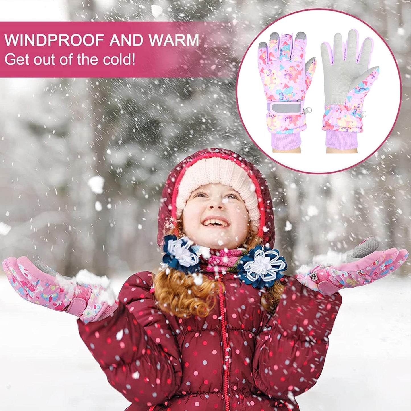 HNGEMSY Children's Winter Snow Gloves Ski Gloves for 2-13 Years Girls Boys PU Palm Waterproof Windproof Warm Fleece Winter Gloves
