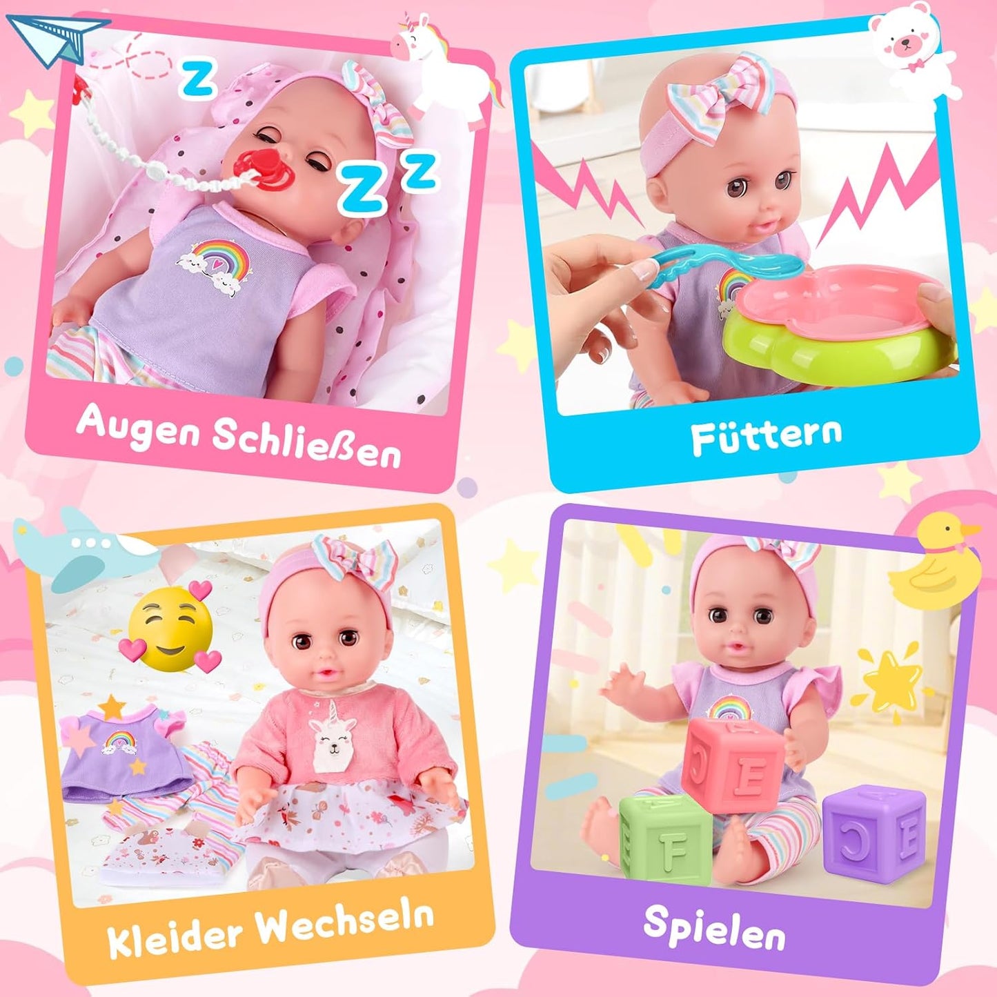 YOOHBERRYS Doll Set Children's Toy, 30 cm Baby Doll Play Set, Toy Doll Doll with Clothes and Accessories, Doll Bed, Doll Carrier, Dummy, Potty, Bottle, Christmas Birthday Gift
