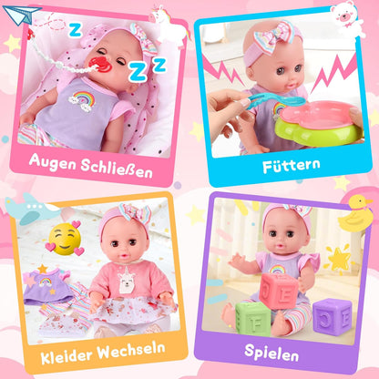 YOOHBERRYS Doll Set Children's Toy, 30 cm Baby Doll Play Set, Toy Doll Doll with Clothes and Accessories, Doll Bed, Doll Carrier, Dummy, Potty, Bottle, Christmas Birthday Gift