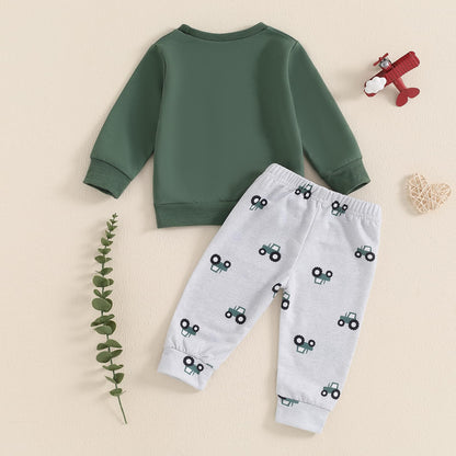Baby Boys Soft Clothing Sets Toddler Cute Two Piece Outfit Long Sleeve Tractor Print Sweatshirt and Trousers Set Autumn Winter Jogging Suit 