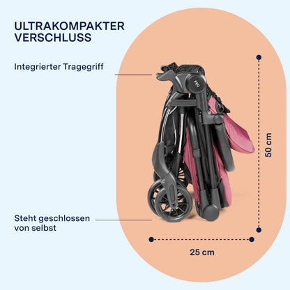PEG Leichter Buggy Volo mit Regenschutz, Handgepäckgröße, Flugzeuggeeignet, Kompakt, Ab Geburt bis 22 kg, Reisetasche Inklusive, Malva