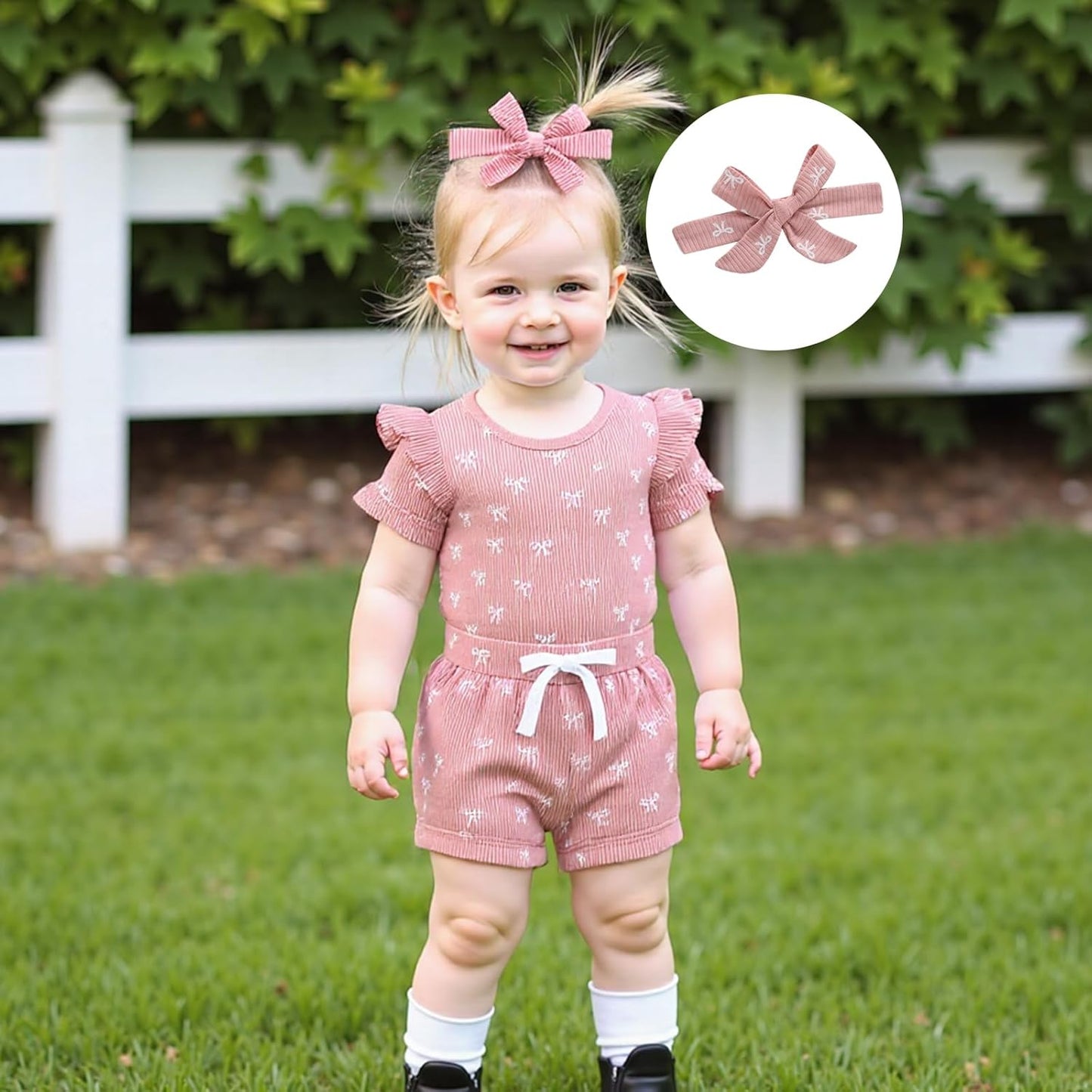 3tlg Baby Mädchen Sommer Kleidung Set Rüschen Kurzarm Strampler + Rüschen Shorts + Stirnband Babyset Weiche Neugeborene Ausgehen Outfit