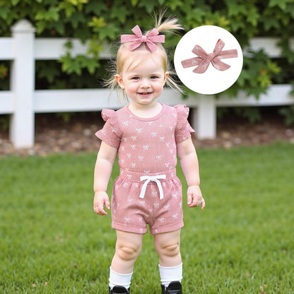 3tlg Baby Mädchen Sommer Kleidung Set Rüschen Kurzarm Strampler + Rüschen Shorts + Stirnband Babyset Weiche Neugeborene Ausgehen Outfit