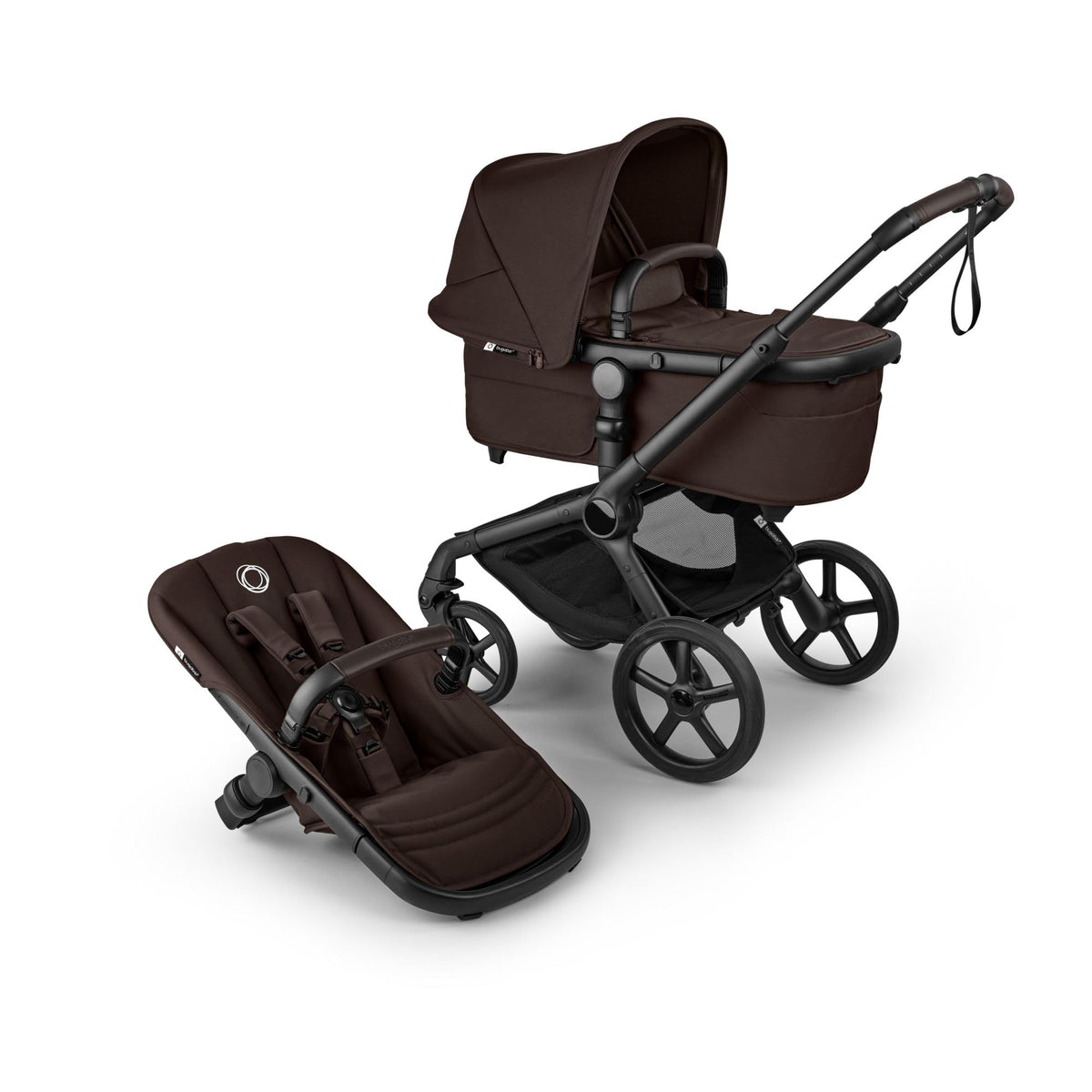 Bugaboo Fox 5 Renew, 2-in-1 Kinderwagen für jedes Gelände, mit Liegewanne | ausziehbarer Kleinkindsitz, praktische Ein-Hand Faltung, Fahrgestell in Schwarz und Sonnendach in Forest Green ab Lager
