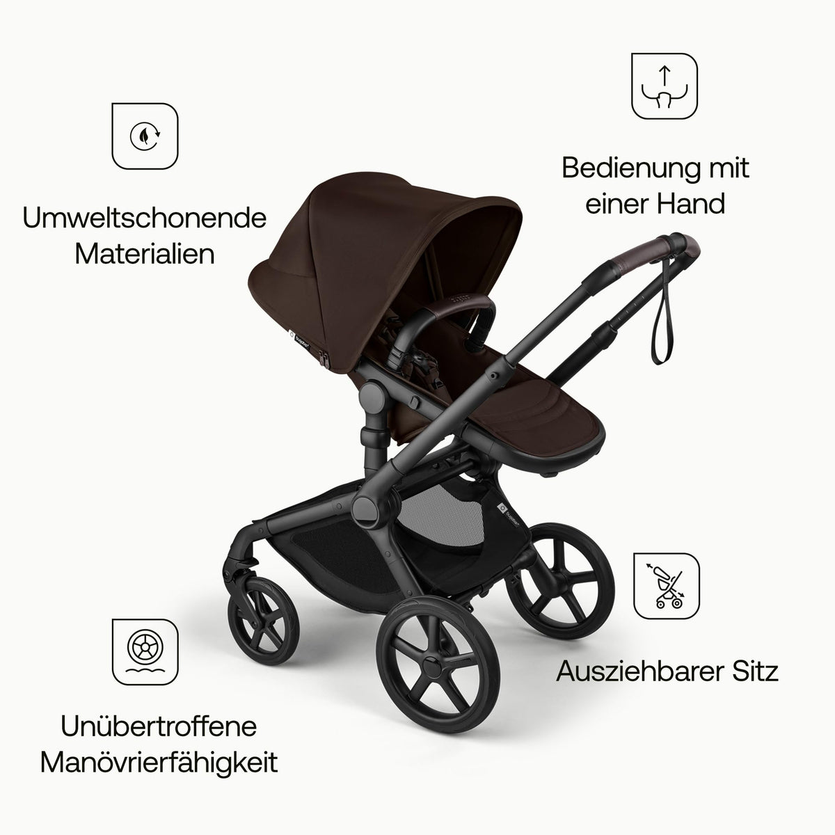 Bugaboo Fox 5 Renew, 2-in-1 Kinderwagen für jedes Gelände, mit Liegewanne | ausziehbarer Kleinkindsitz, praktische Ein-Hand Faltung, Fahrgestell in Schwarz und Sonnendach in Forest Green ab Lager