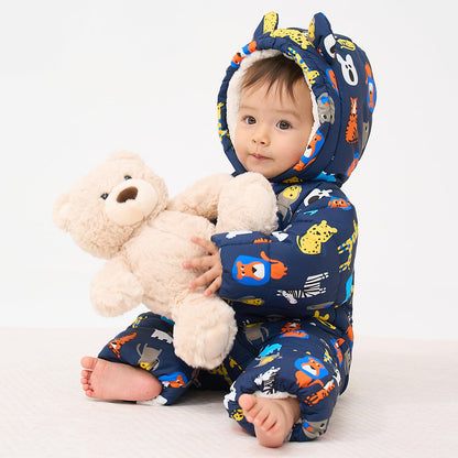 JiAmy Baby Winter Snowsuit, Toddler Bear Hood Fold-Over Mittens Booties Jumpsuit Toddler Warm Fleece Romper Girls Boys Warm Jumpsuit 3-24 Months