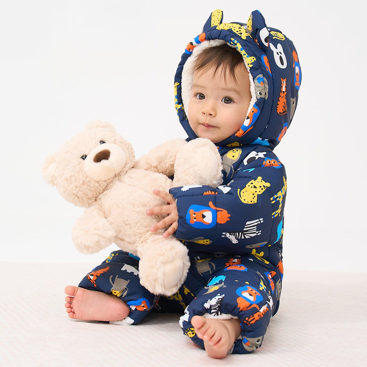 JiAmy Baby Winter Snowsuit, Toddler Bear Hood Fold-Over Mittens Booties Jumpsuit Toddler Warm Fleece Romper Girls Boys Warm Jumpsuit 3-24 Months