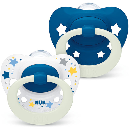 NUK Signature Baby Pacifier | 0-6 Months | Soothes 95% of Babies | BPA Free Silicone Heart-Shaped Pacifier | With Case | Green Stars | Pack of 2