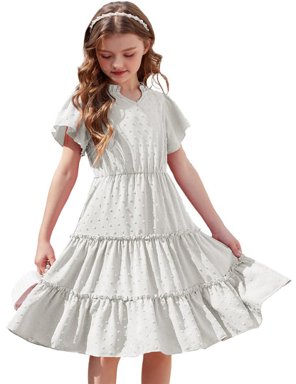 Arshiner Mädchen Kleid Festliches Rüschenärmel Sommerkleider V-Ausschnitt Partykleid Swiss Dot Stufenkleid Kinder A-Linie Swing Kinderkleid mit Tasche 3-12 Jahre