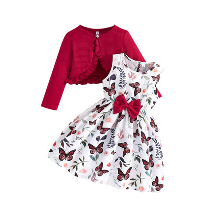 Yanmucy Kleine Mädchen Kleider mit Strickjacke Sets Baby Mädchen Kleider Kleinkind Kinder Langarm Ruffle Mantel Mädchen Kleidung für 2-8 Jahre