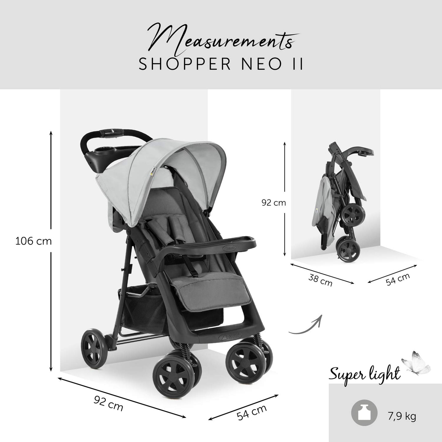 hauck Shopper Neo II, Schwarz Grau - Kinderbuggy mit Liegeposition ab Geburt bis 22 kg, 2x Tablett mit Getränkehalter, Einhändig Klein Zusammenklappbar, Tasche im Verdeck, XL Korb