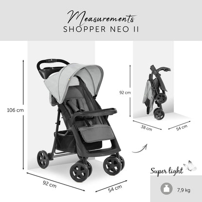 hauck Shopper Neo II, Schwarz Grau - Kinderbuggy mit Liegeposition ab Geburt bis 22 kg, 2x Tablett mit Getränkehalter, Einhändig Klein Zusammenklappbar, Tasche im Verdeck, XL Korb