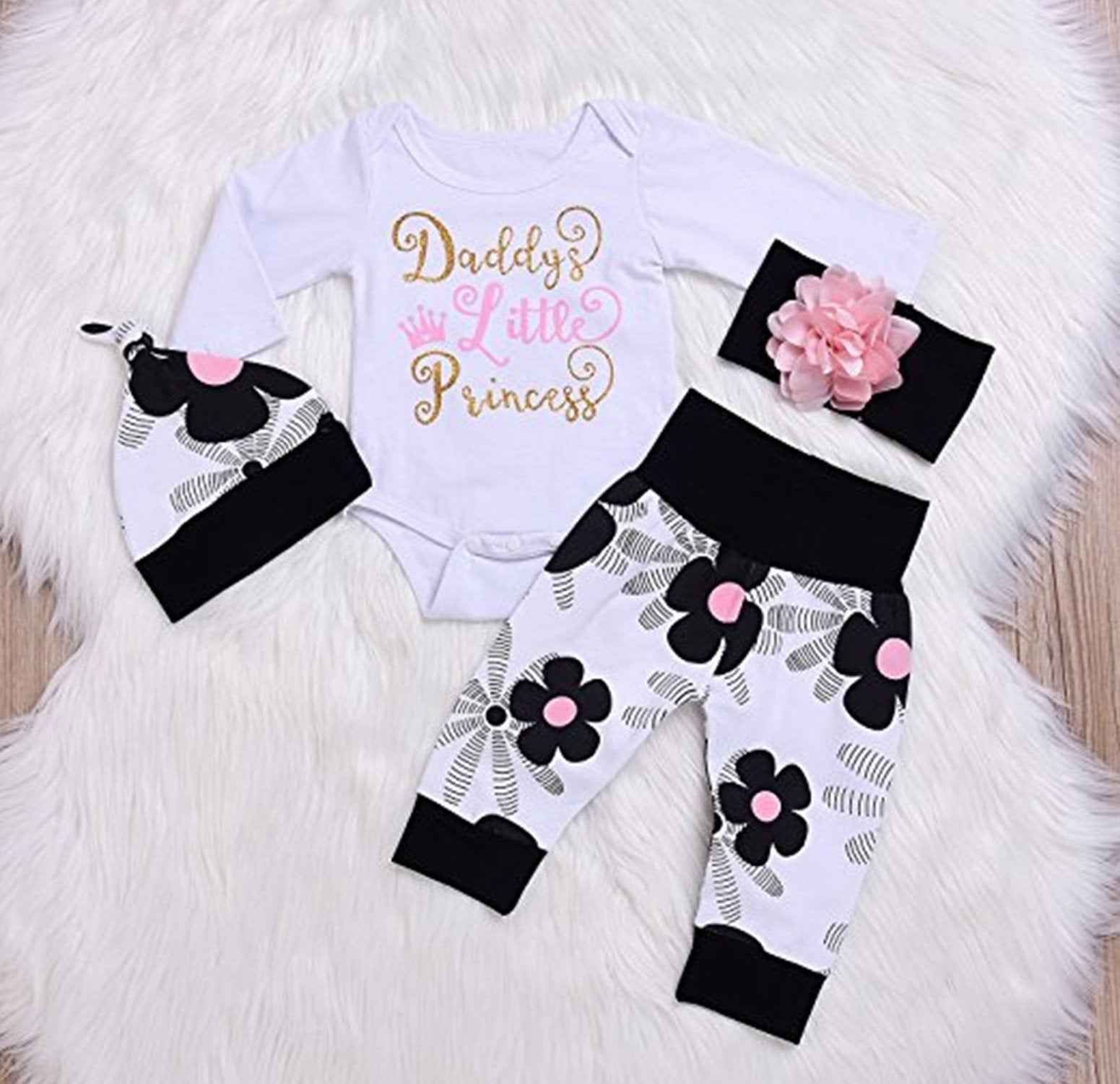 Juflam Cute Newborn Baby Girl Outfit Daddy Little Princess Romper + Flower Trousers + Hat + Flower Headband Set of 4