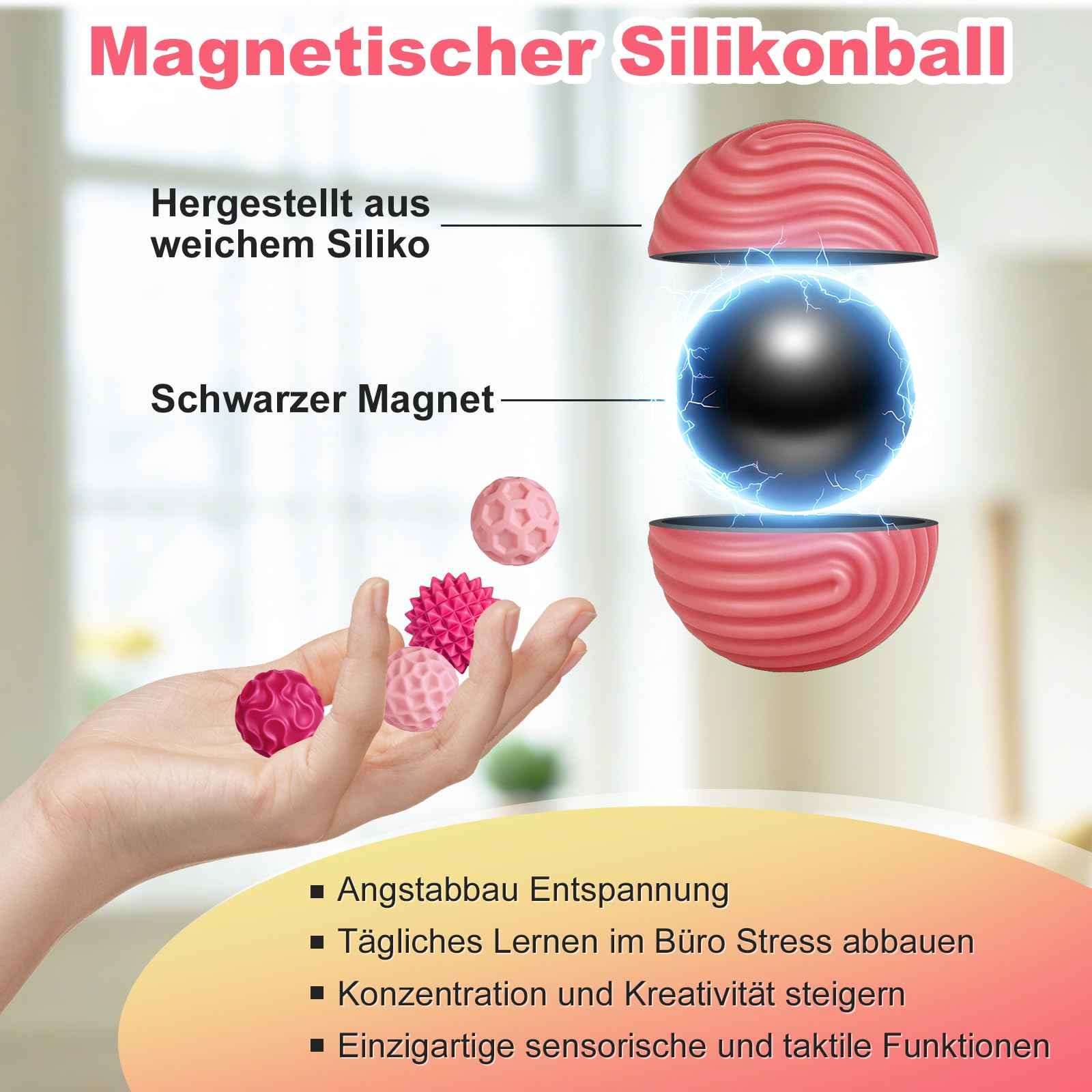 8 Stück Magnetische Fidget Toys, Silikon Magnetkugeln Anti-Stress Bälle, Sensorik Spielzeug für Erwachsene und Kinder, Sensorische Magnetische Kugeln Set, Stressabbau und Entspannung（Rosa）