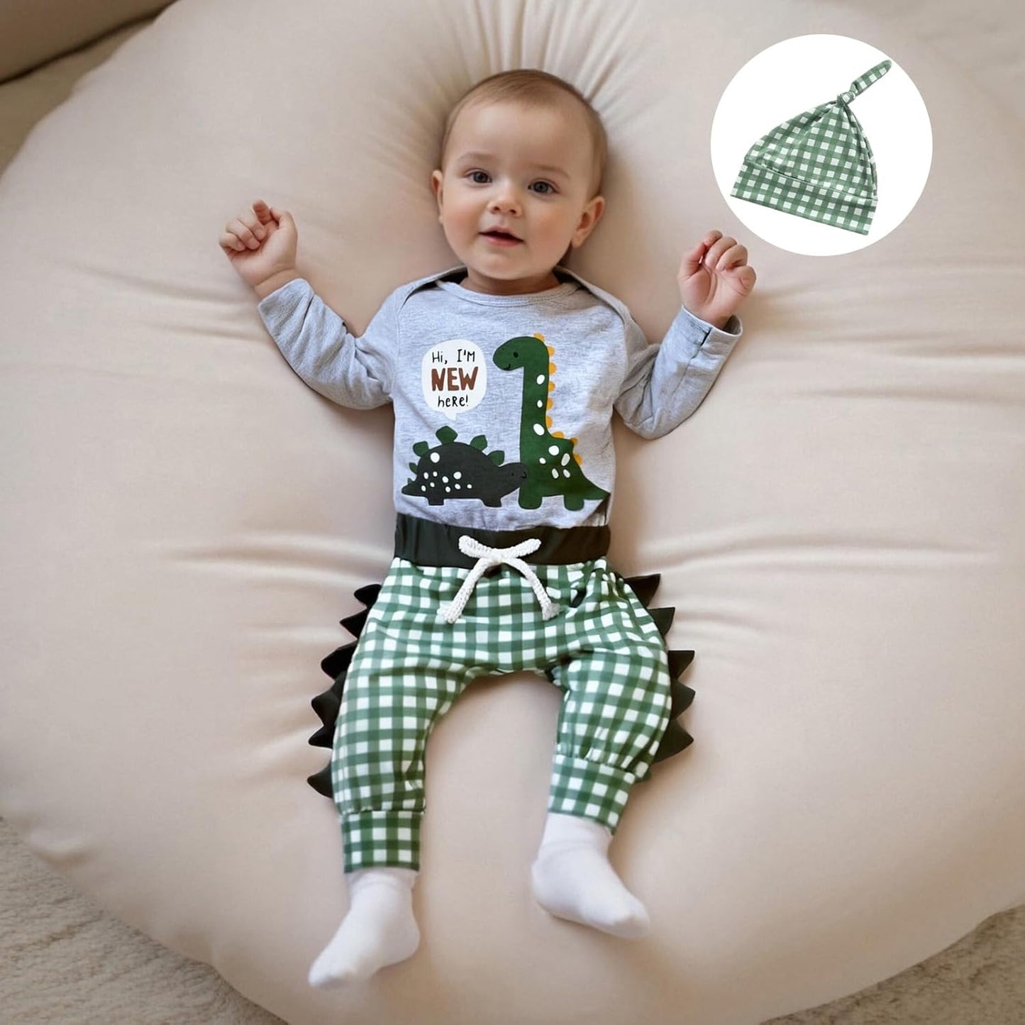 Hallo Ich bin neu hier Neugeborene Baby Jungen Kleidung Set Dinosaurier Print Langarm Bodysuit und Hosen Baumwolle Baby Kleidung Set Herbst Winter Kleidung Sets für Baby Jungen Outfits