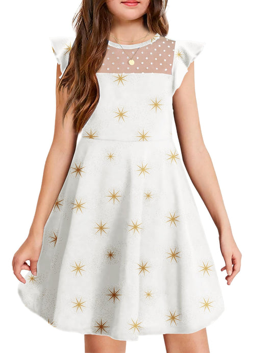Arshiner Girls Dress Summer Dress Ruffle Short Sleeve Mesh A Line Casual Party Dresses with Pockets Kids Dresses for 6-13 Years 