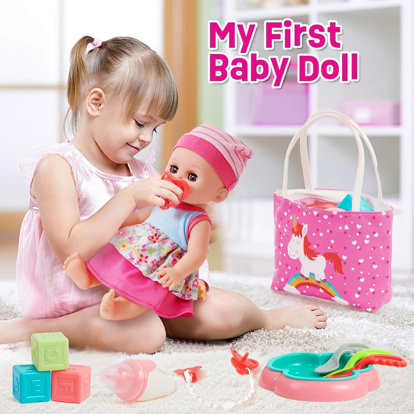 Tacobear Baby Puppe Zubehör Babypuppe Pflegeset Spielzeug,30cm Interaktive Puppen mit Sound, Puppenkleidung, Nippel, Windeln, Kinderbett, Hochstuhl, Spielzeug Geschenk für Mädchen 3 4 5 6 Jahre