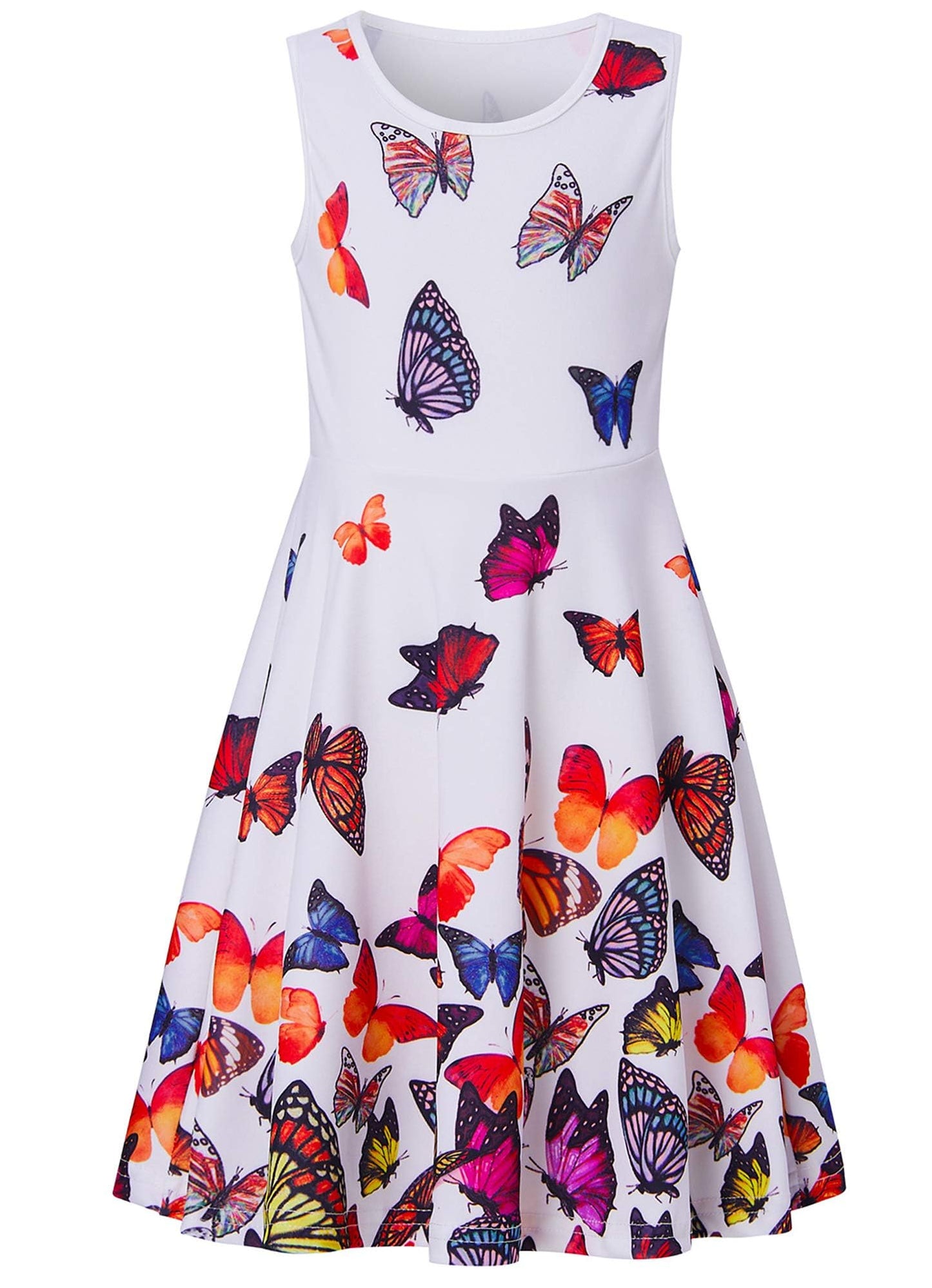AIDEAONE Mädchenkleid Schmetterling A-Linie Ärmelloses Sommerkleid Buntes Kleid 4-12 Jahre
