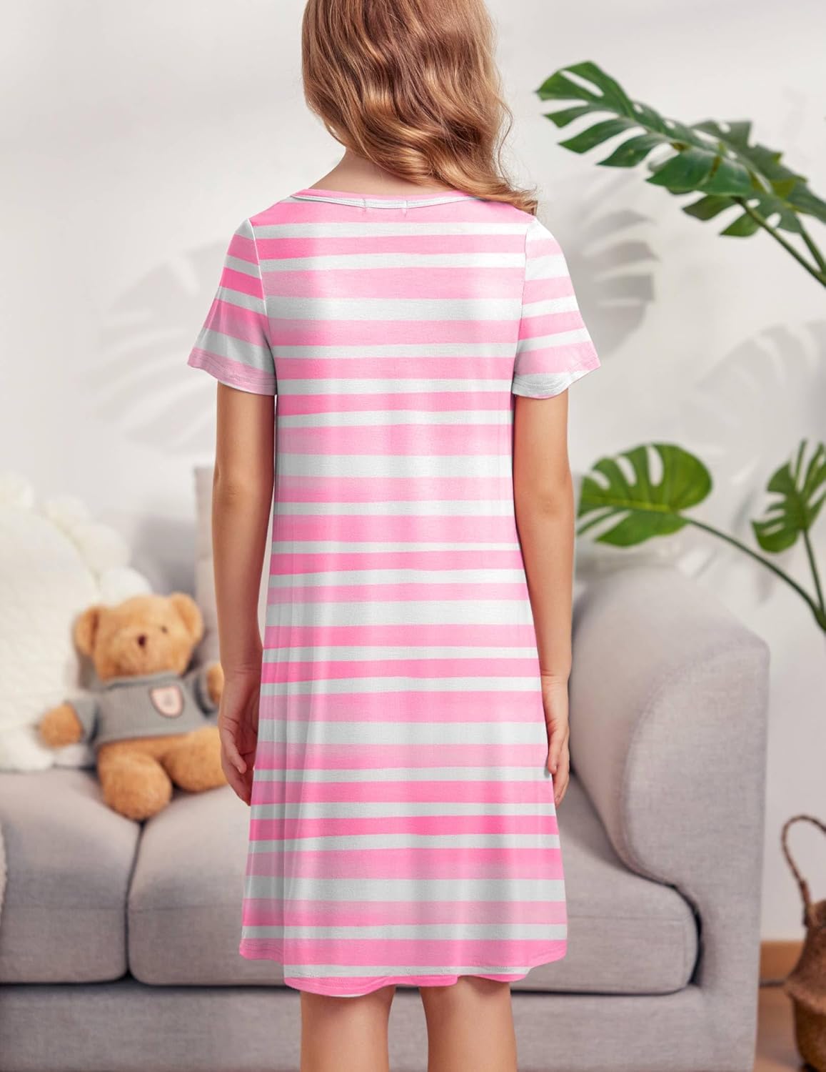Arshiner Nachthemd Mädchen Kurzarm Pyjamas Kinder Schlafkleid Katze Einhorn Rundhals Nachtkleid 4-12 Jahre