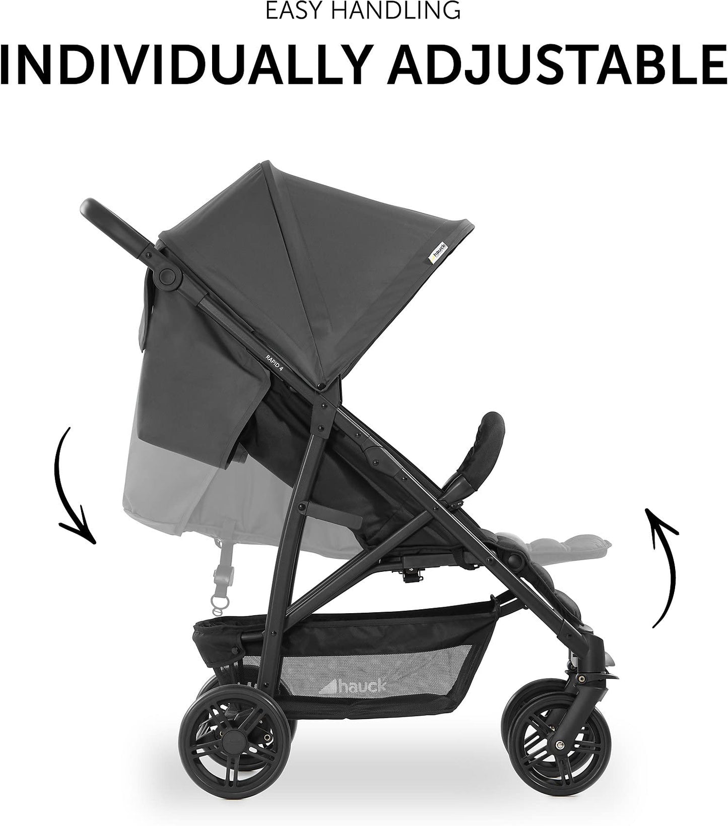 hauck Rapid 4, Grey - Pushchair from Birth up to 22 kg, Plastic Wheels, Compact & One Hand Folding, Height-Adjustable, Fully Reclining