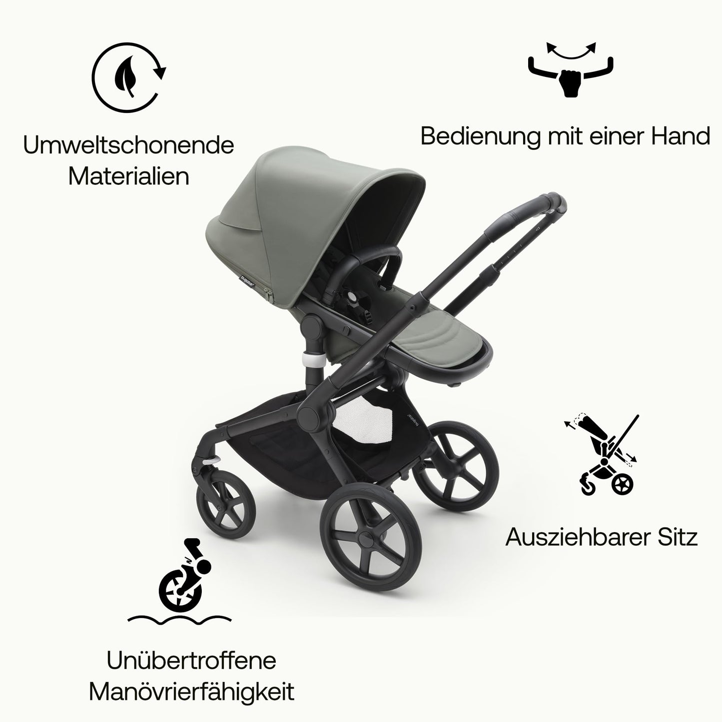Bugaboo Fox 5, 2-in-1 Kinderwagen für jedes Gelände, mit Liegewanne und ausziehbarem Kleinkindsitz, einfach zu manövrieren und Ein-Hand Faltung, Fahrgestell in Schwarz und Sonnendach in Forest Green
