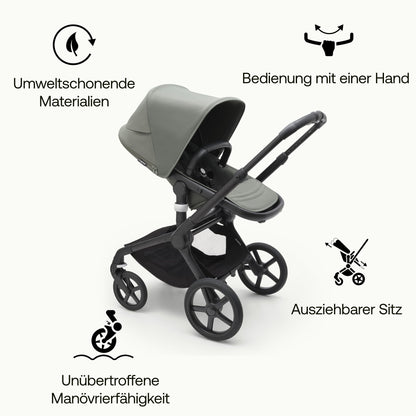 Bugaboo Fox 5, 2-in-1 Kinderwagen für jedes Gelände, mit Liegewanne und ausziehbarem Kleinkindsitz, einfach zu manövrieren und Ein-Hand Faltung, Fahrgestell in Schwarz und Sonnendach in Forest Green
