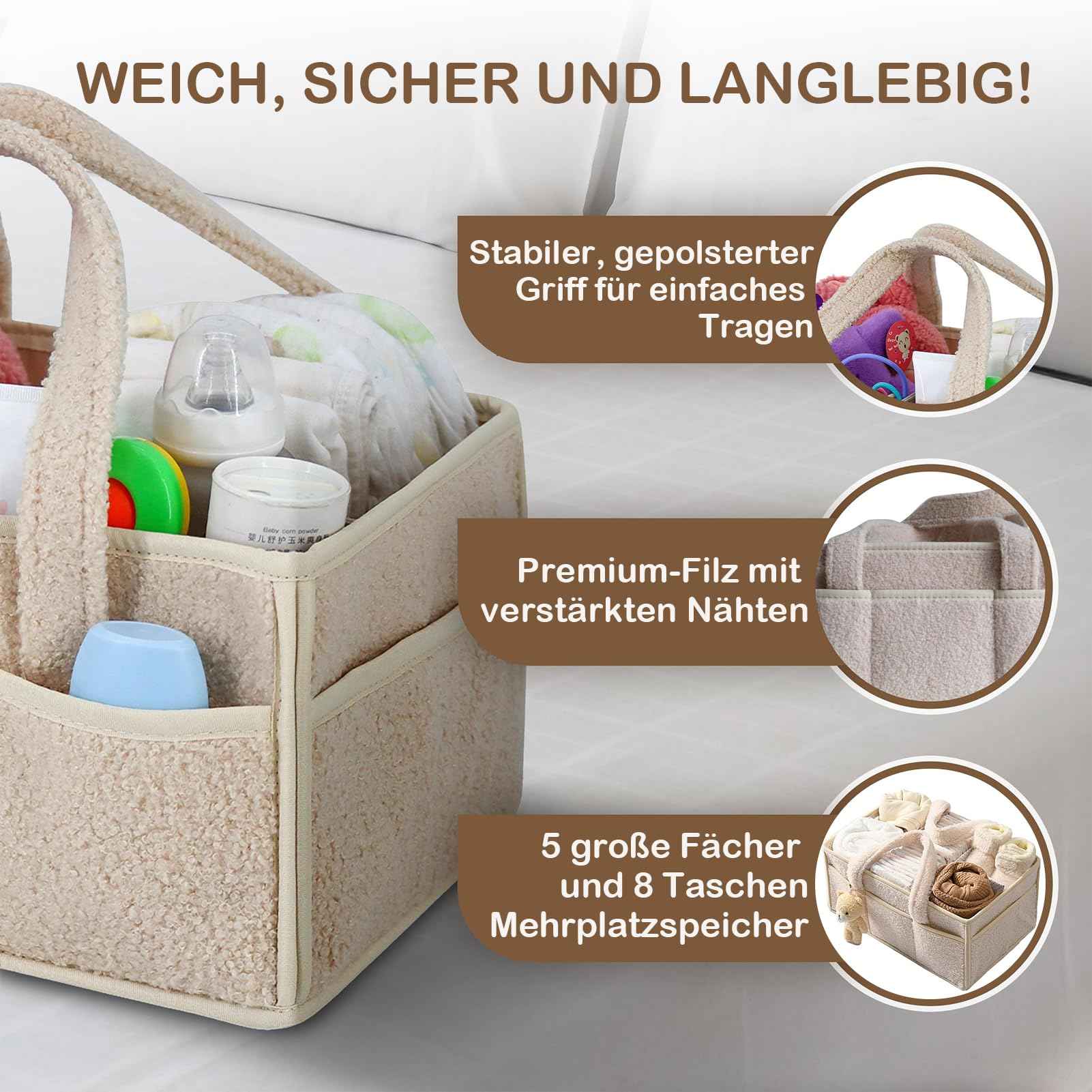 Changing Bag Organiser, Changing Table Organiser, Portable Changing Basket with Removable Compartments, Plush Changing Organiser with Handles, Baby Storage Basket for Changing and Baby Things