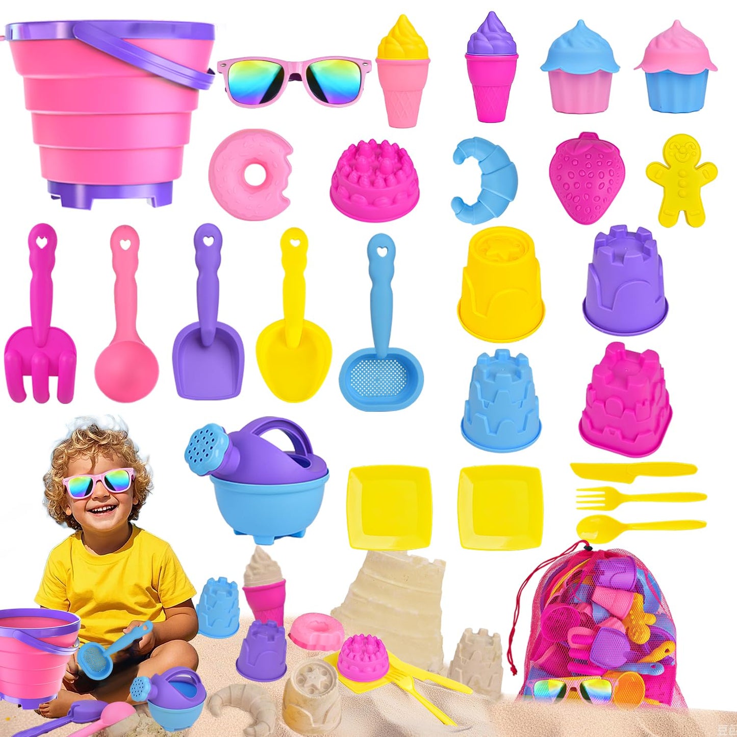 Fegalop Sand Toy Set for Girls 31 Pieces, Sandpit Toy Beach Toy with Folding Bucket, Beach Toy Children with 5 Sand Shovel, Bucket, Sand Shapes, Sunglasses, Mesh Bag for Children