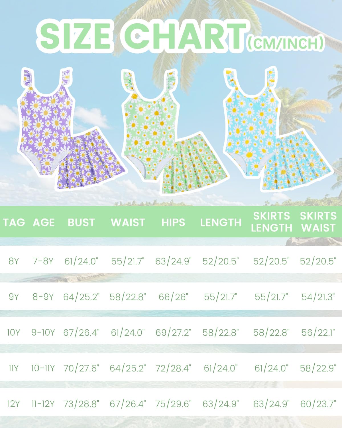 JiAmy Mädchen EIN Stück Badeanzug mit Rüschenrock Sommer Strand Badeanzug Daisy Floral Mädchen Bademode für 8-12 Jahre (120-160cm)