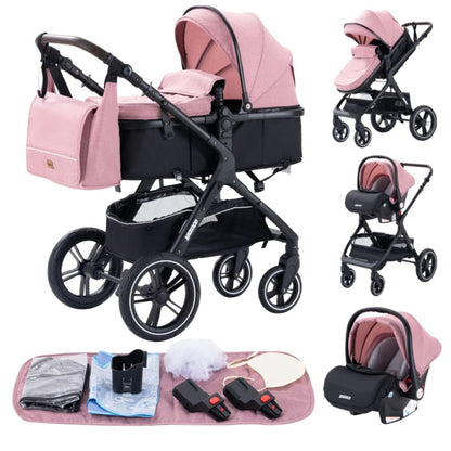 YAZOCO Kompakter 3 in 1Kinderwagen Anstout Terrain Luxus Hohe Landschaft Vierfacher Kinderwagen 0-36kg Faltbarer Gehstock Baby Kinderwagen Komfort Autositz Zubehör (Schwarz)
