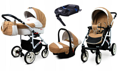 BabyLux® Bambimo Kinderwagen Set 3 in 1 - White Lux - incl. Babywanne, Buggy Sportsitz, Auto-Babyschale - Autositz - Kinderwagenset - Kombikinderwagen mit Wickeltasche, Regenschutz usw.