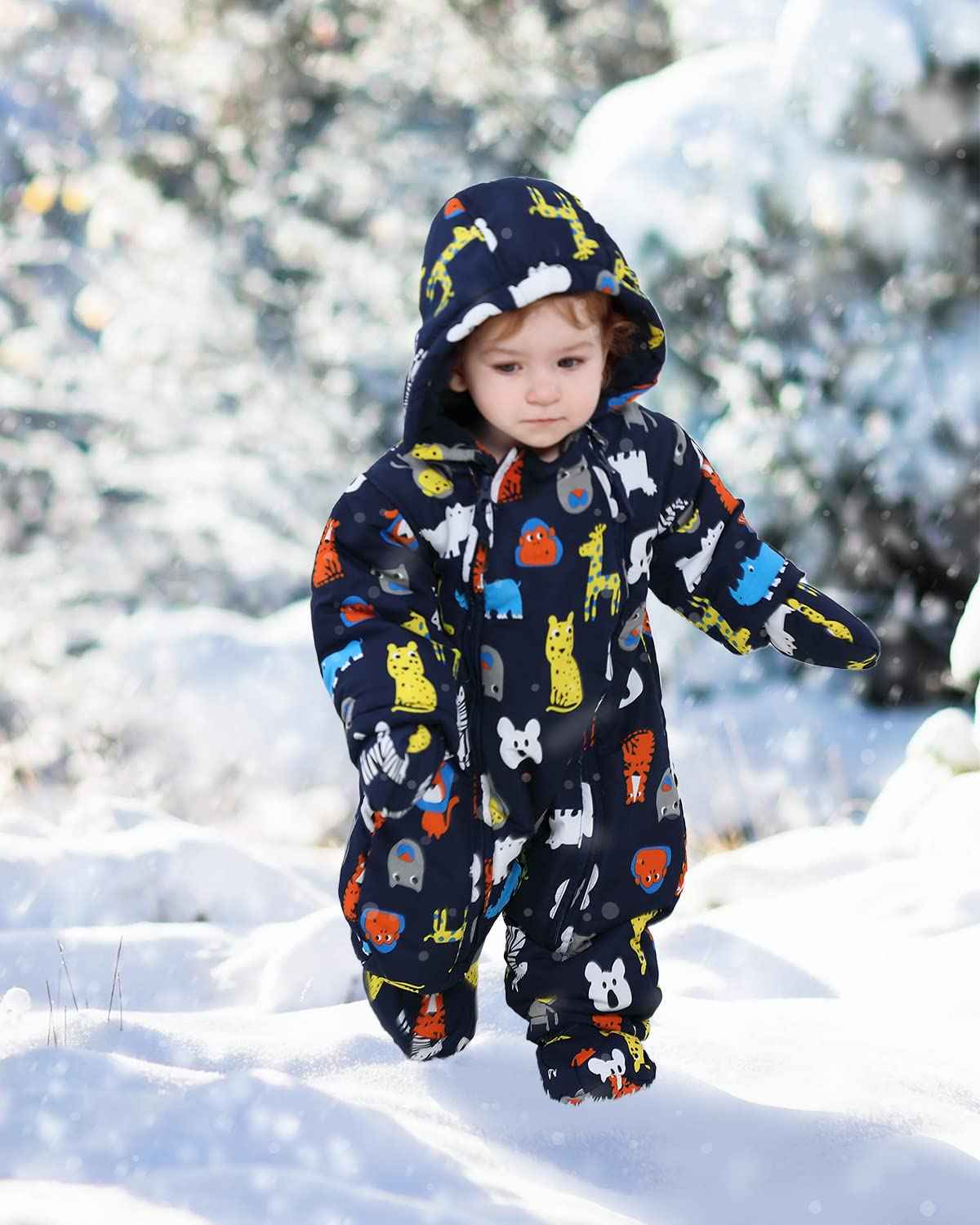 Baby Romper with Hood, Snowsuits with Gloves and Booties, for Toddlers, Fleece Cotton Romper for Toddlers, Boys and Girls, Warm Jumpsuit, Winter Jacket, 6-9 Months