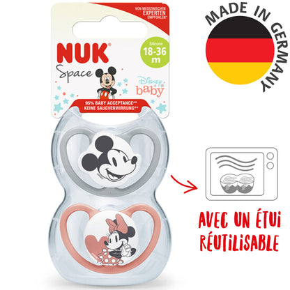 NUK Sauger Space | 18-36 Monate | Schnuller mit extragroßen Belüftungsöffnungen | Silikon BPA-frei | Disney Micky Maus | Grau/Weiß | 2 Einheiten