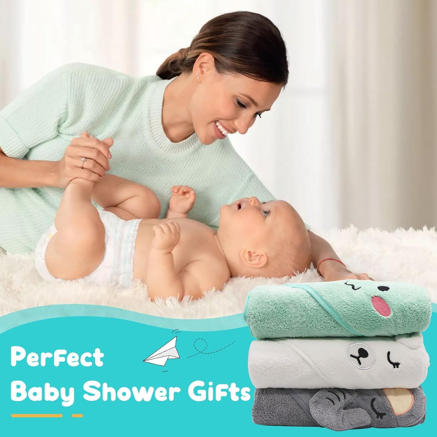 Forhandy Baby Hooded Towel, Pack of 3, Baby Towel Hood 80 x 80 cm, Baby Towel with Hood, Coral Fleece, Soft & Super Absorbent, Baby Bath Towel for Babies and Toddlers
