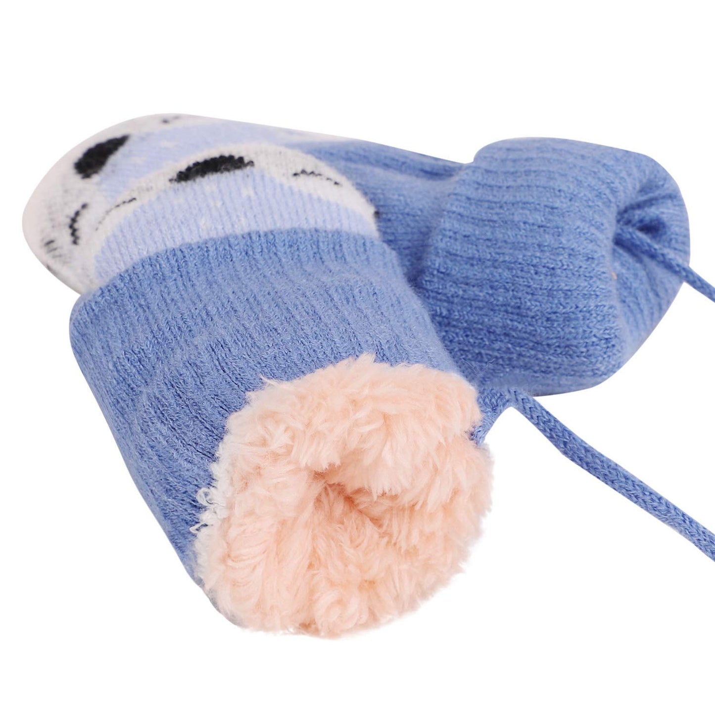Kids Winter Gloves Mittens Baby Cartoon Mitten Neck Gloves Thick Double Knitted Glove with Plush,0 - 3 years old, Playing, Running, Skiing