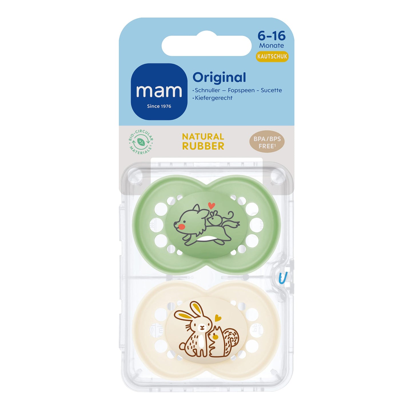 MAM Original Latexschnuller im 2er-Set, Schnuller aus nachhaltigen, bio-erneuerbaren Materialien, Baby Schnuller mit symmetrischem & kiefergerechtem Sauger, 0-6 Monate, Hase/Reh - Meloni2