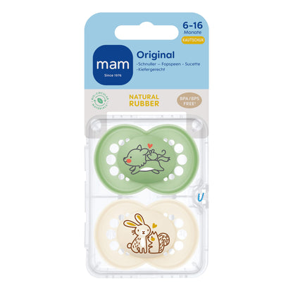 MAM Original Latexschnuller im 2er-Set, Schnuller aus nachhaltigen, bio-erneuerbaren Materialien, Baby Schnuller mit symmetrischem & kiefergerechtem Sauger, 0-6 Monate, Hase/Reh - Meloni2
