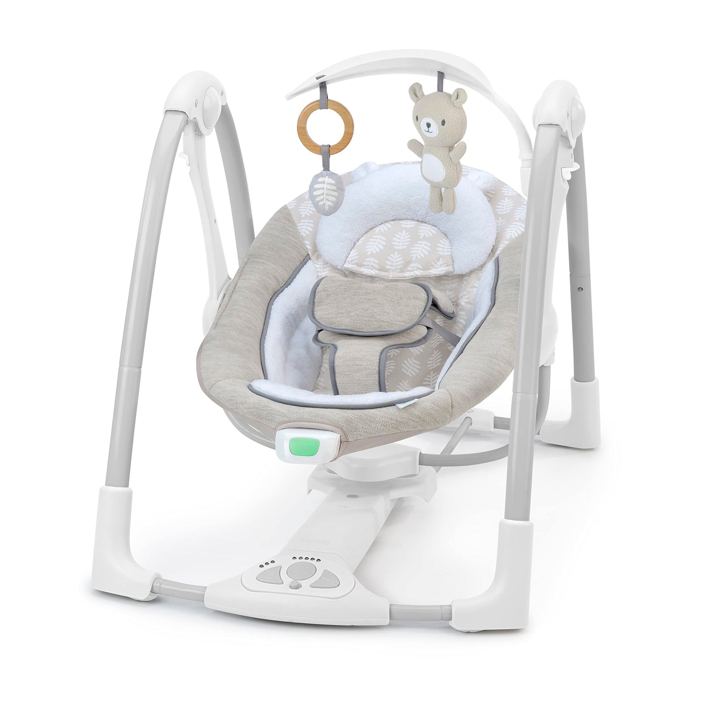 Ingenuity Hugs & Hoots zusammenklappbare & tragbare Babyschaukel, 5 Schaukelgeschwindigkeiten, 8 Melodien, 3 Naturgeräusche, Lautstärkeregulierung und Spielzeugbügel, ab der Geburt bis 9kg
