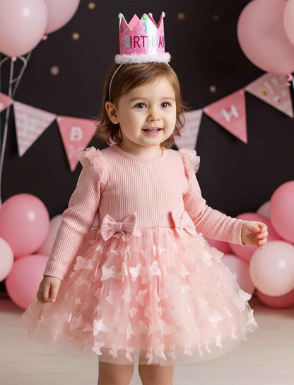 PATPAT Baby Girls' Tulle Dress with Long Sleeves, Tutu for Toddlers, Perfect as a Flower Girl or Christmas Party Birthday Long Sleeve Princess Dress, 3-24 Months